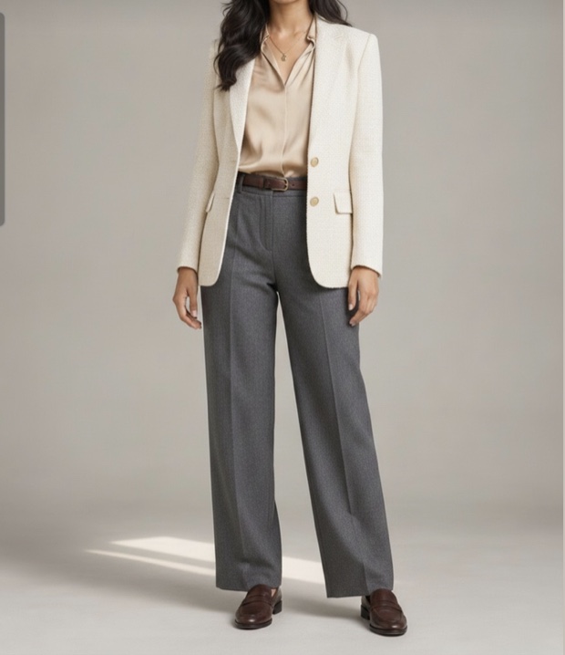 The same photo restyled into a cream blazer, silk shirt and tailored trousers
