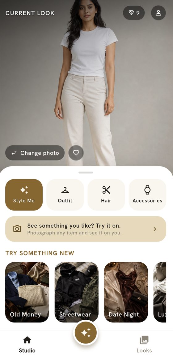 The LOOM studio screen with the current photo and style categories