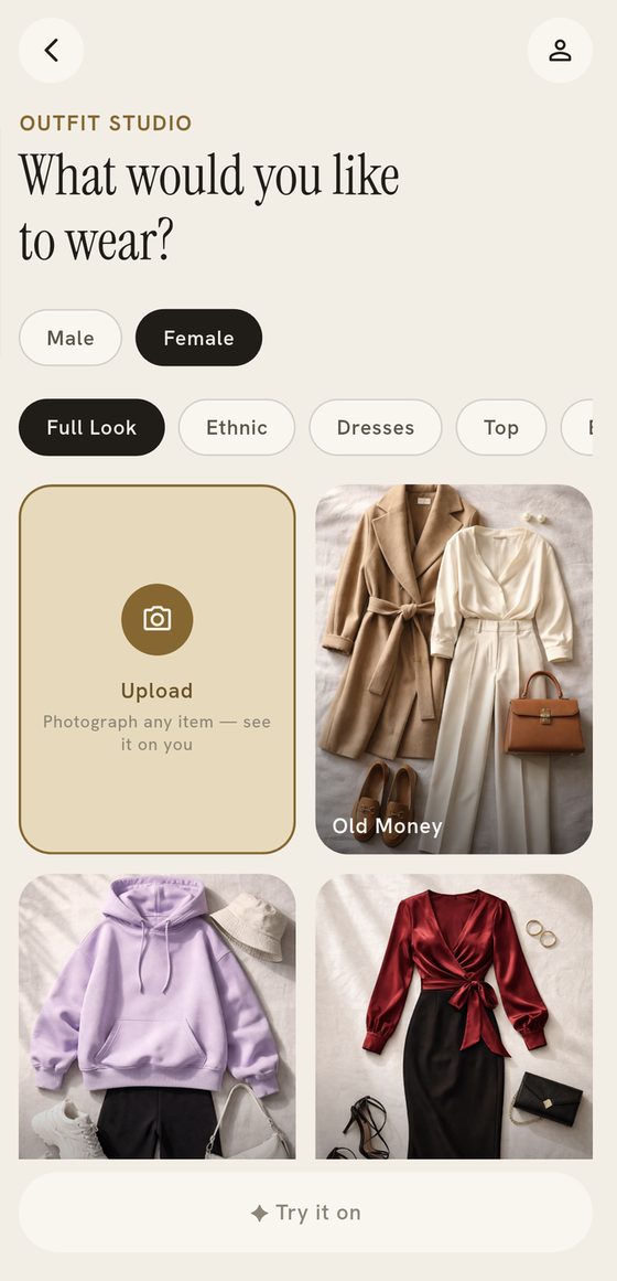 The outfit studio showing categories and curated outfit collections