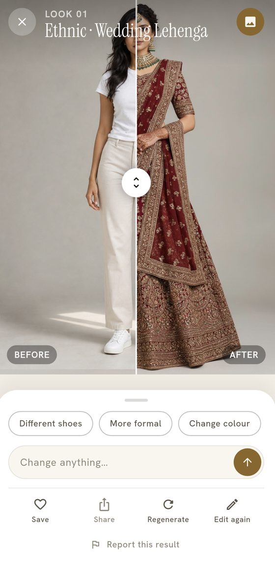 The LOOM app showing a before and after comparison of a generated look