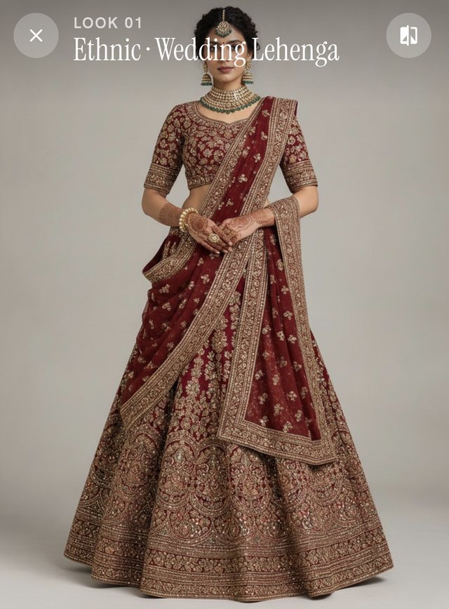 The same photo restyled into an embroidered wedding lehenga